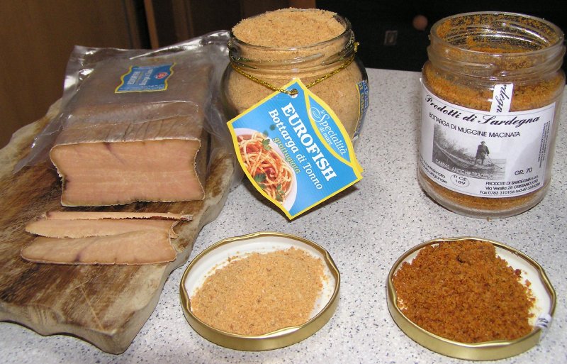 From left to right, Bottarga di Tonno from Sicily in pressed block form (I paid 20 for this block), then the same in granulated form (8 for this bottle), and Bottarga di Muggine Macinata from Sardinia in granulated form (8 for this bottle)